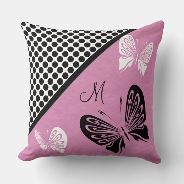 Butterfly Polka dot op roze monogram Kussen (Voorkant)