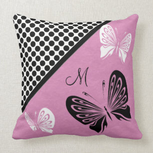 Butterfly Polka dot op roze monogram Kussen