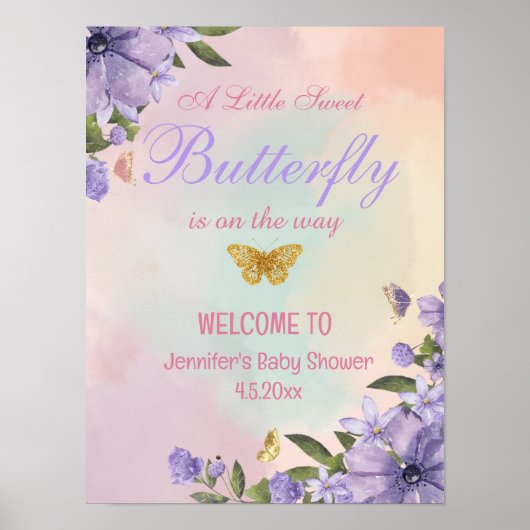 Butterfly Purple Flowers baby shower Welkomstbord Poster (Voorkant)