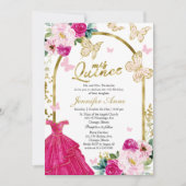 Butterfly Quince Bilingual Invitations Hot Pink Kaart (Voorkant)