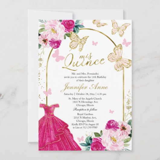 Butterfly Quince Bilingual Invitations Hot Pink Kaart (Voorkant)