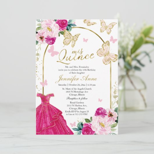 Butterfly Quince Bilingual Invitations Hot Pink Kaart (Staand voorkant)