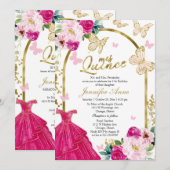 Butterfly Quince Bilingual Invitations Hot Pink Kaart (Voorkant / Achterkant)