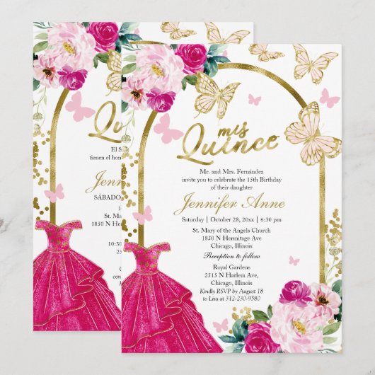 Butterfly Quince Bilingual Invitations Hot Pink Kaart (Voorkant / Achterkant)