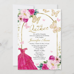 Butterfly Quince Bilingual Invitations Hot Pink Kaart