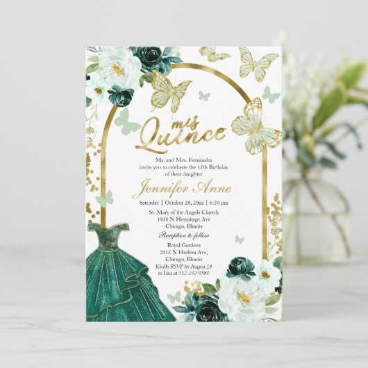 Butterfly Quince Bilingual Invitations Kaart (Staand voorkant)