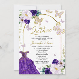 Butterfly Quince Bilingual Invitations Paars Gown Kaart