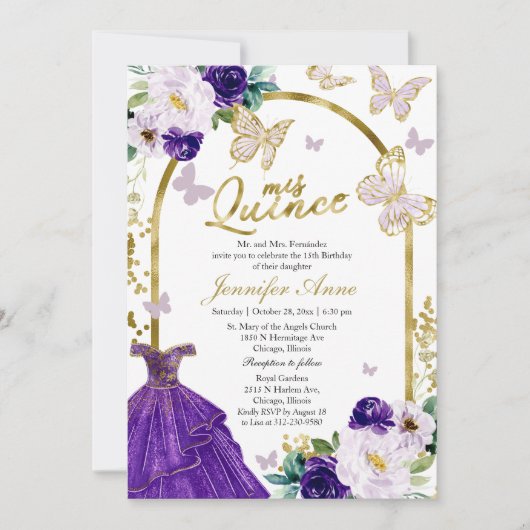 Butterfly Quince Bilingual Invitations Paars Gown Kaart (Voorkant)