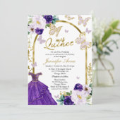Butterfly Quince Bilingual Invitations Paars Gown Kaart (Staand voorkant)