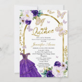 Butterfly Quince Bilingual Invitations Paars Gown Kaart (Achterkant)