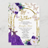 Butterfly Quince Bilingual Invitations Paars Gown Kaart (Voorkant / Achterkant)