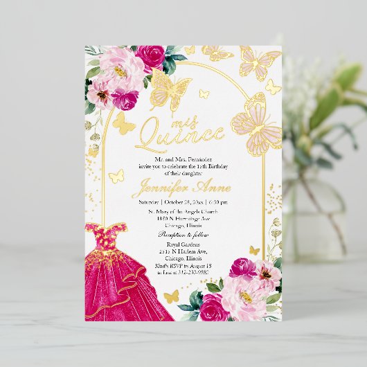 Butterfly Quince nodigt het warme roze dress uit Folie Uitnodiging (Staand Voorkant)