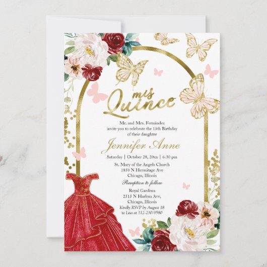 Butterfly Quince Red Dress Bilingual Invitations Kaart (Voorkant)