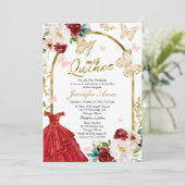 Butterfly Quince Red Dress Bilingual Invitations Kaart (Staand voorkant)