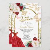Butterfly Quince Red Dress Bilingual Invitations Kaart (Voorkant / Achterkant)