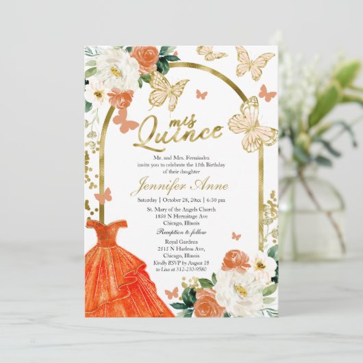 Butterfly Quince Uitnodigingen Sinaasappel Bloemen (Staand voorkant)