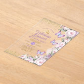 Butterfly Quinceañera 15 Anos Paarse Bloemenkroon Acryl Uitnodigingen (Laagn)