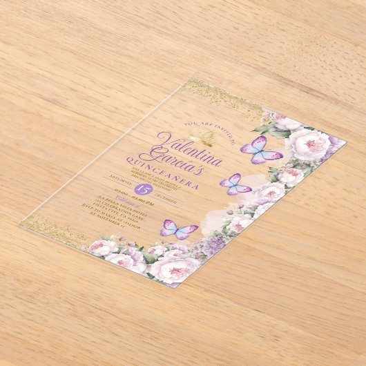 Butterfly Quinceañera 15 Anos Paarse Bloemenkroon Acryl Uitnodigingen (Laagn)