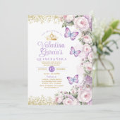 Butterfly Quinceañera 15 Anos Paarse Bloemenkroon Kaart (Staand voorkant)