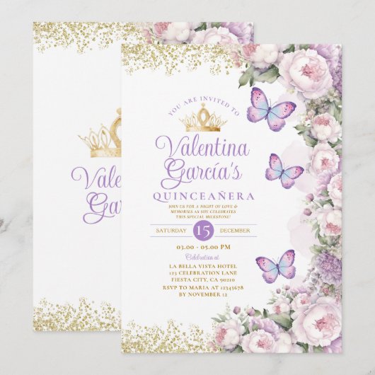 Butterfly Quinceañera 15 Anos Paarse Bloemenkroon Kaart (Voorkant / Achterkant)