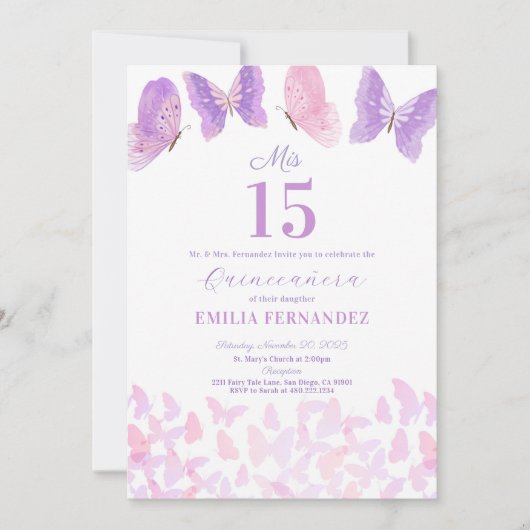 Butterfly Quinceanera 15th Birthday Invitationn Kaart (Voorkant)