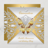 Butterfly Quinceanera 15th Party Gold Silver Tiara Kaart (Voorkant / Achterkant)