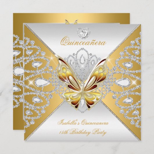 Butterfly Quinceanera 15th Party Gold Silver Tiara Kaart (Voorkant / Achterkant)
