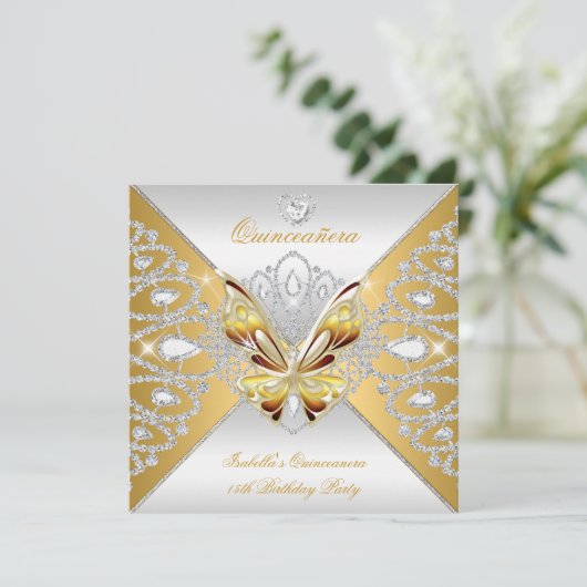Butterfly Quinceanera 15th Party Gold Silver Tiara Kaart (Staand voorkant)