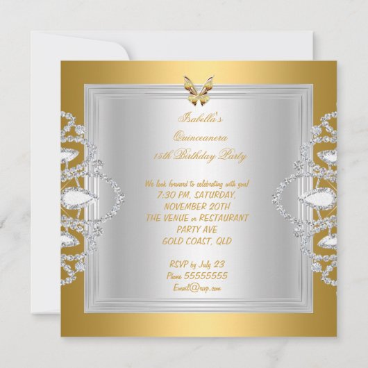 Butterfly Quinceanera 15th Party Gold Silver Tiara Kaart (Achterkant)