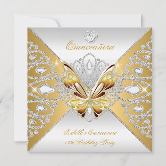 Butterfly Quinceanera 15th Party Gold Silver Tiara Kaart (Voorkant)