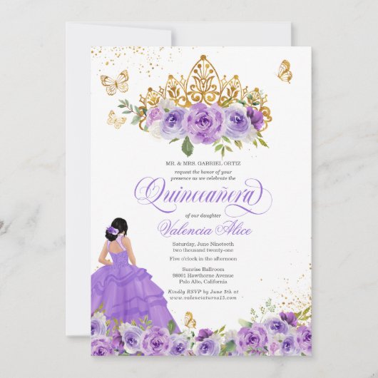 Butterfly Quinceañera + Paarse Waterverf bloemen Kaart (Voorkant)