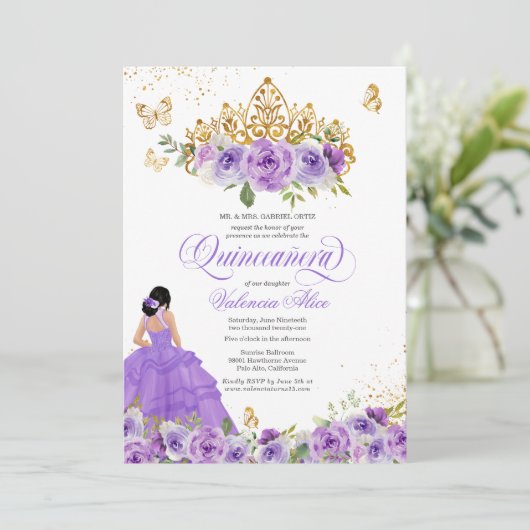 Butterfly Quinceañera + Paarse Waterverf bloemen Kaart (Staand voorkant)
