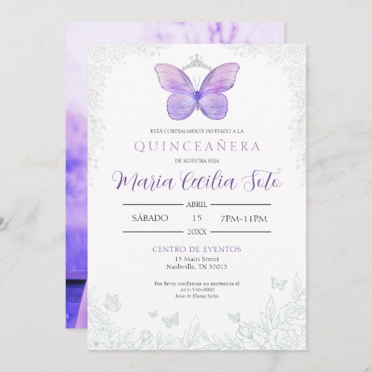 Butterfly Quinceañera Uitnodiging (Spaans) (Voorkant / Achterkant)
