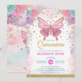 Butterfly Quinceañera Verjaardag Roze Paarse Bloem Kaart (Voorkant / Achterkant)