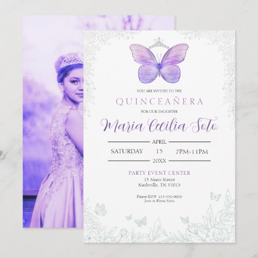 Butterfly Quinceañera Verjaardag Uitnodiging (Voorkant / Achterkant)
