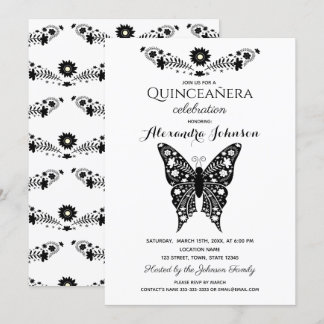 Butterfly Quinceanera Zwart & Wit 15e Verjaardag Kaart