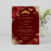 Butterfly Red Rose Gold Tiara Quinceanera Folie Uitnodiging (Staand Voorkant)