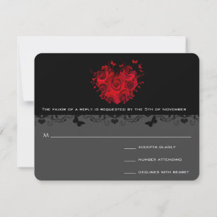 Butterfly Red Rose Heart Black Metallic RSVP Kaartje