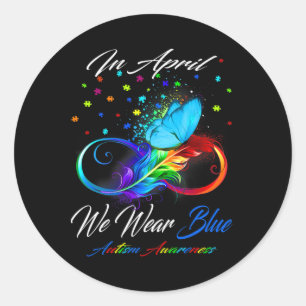 Butterfly Ribbon In April We Wear Blue Autism Awar Ronde Sticker