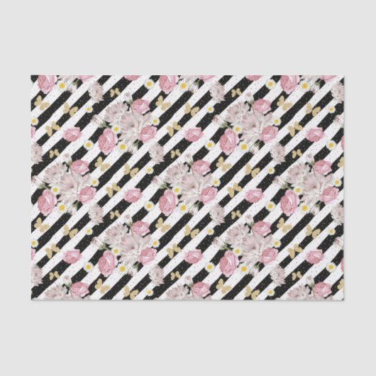Butterfly Roos Daisy Floral Black White Stripe Tissuepapier (Voorkant)