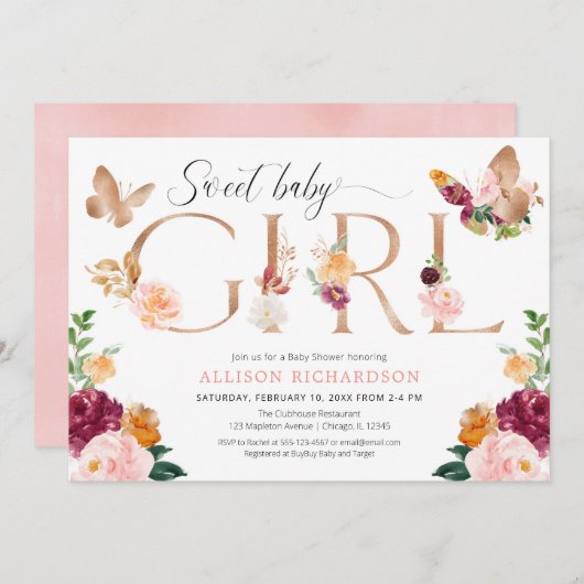 Butterfly roos gouden blush roze meisje baby showe kaart (Voorkant / Achterkant)