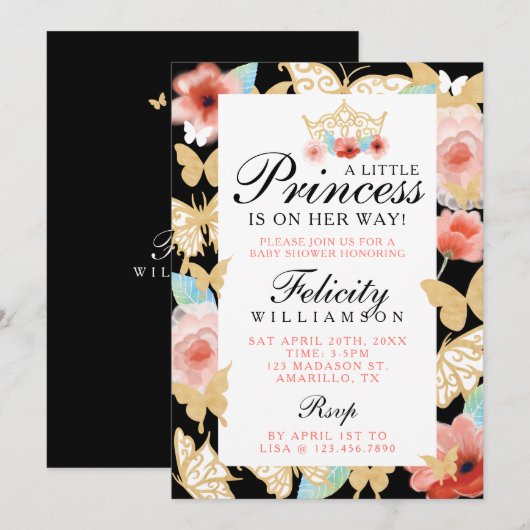 Butterfly Royal Floral Crown Black Gold Invitation Kaart (Voorkant / Achterkant)