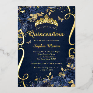 Butterfly Royal Navy Flower Gold Quinceanera Folie Uitnodiging