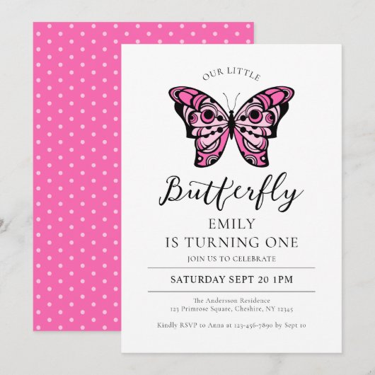 Butterfly roze 1st Birthday Party Invitation Kaart (Voorkant / Achterkant)