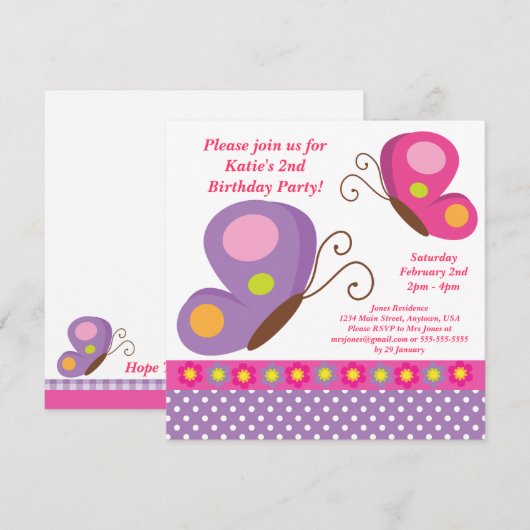 Butterfly - Roze en Paarse uitnodiging (Voorkant / Achterkant)