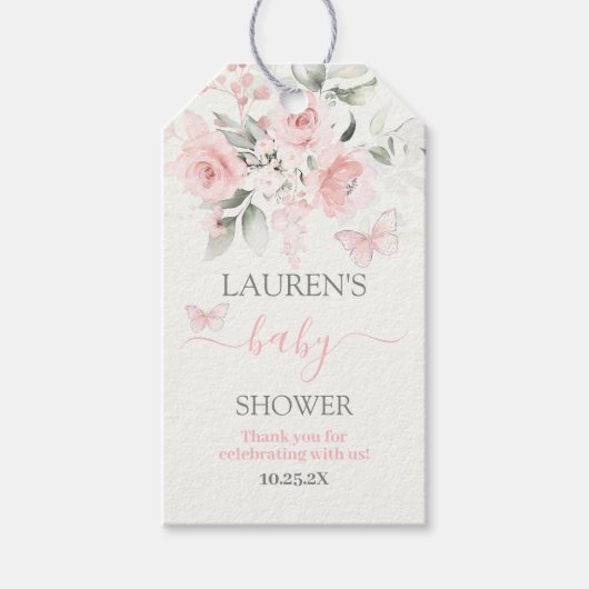 Butterfly Roze florale Baby shower Gift Label Cadeaulabel (Voorkant)