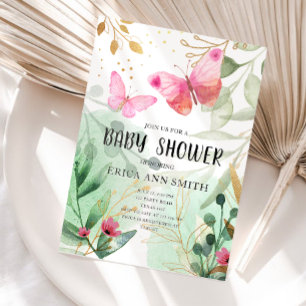 Butterfly roze Gold Greenery Tea Party Baby shower Kaart