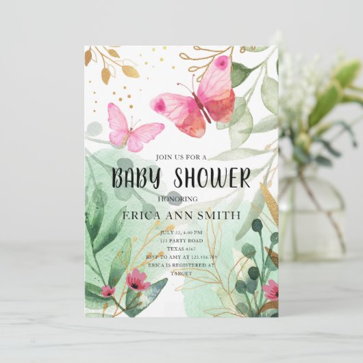 Butterfly roze Gold Greenery Tea Party Baby shower Kaart (Staand voorkant)
