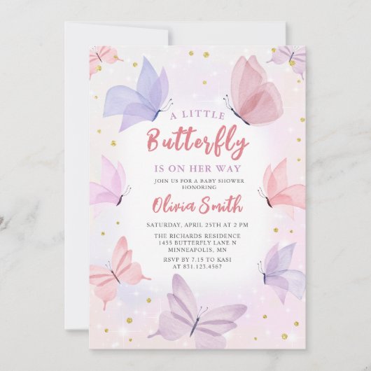 Butterfly Roze Meisje Baby shower Invitation Kaart (Voorkant)