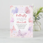 Butterfly Roze Meisje Baby shower Invitation Kaart (Staand voorkant)